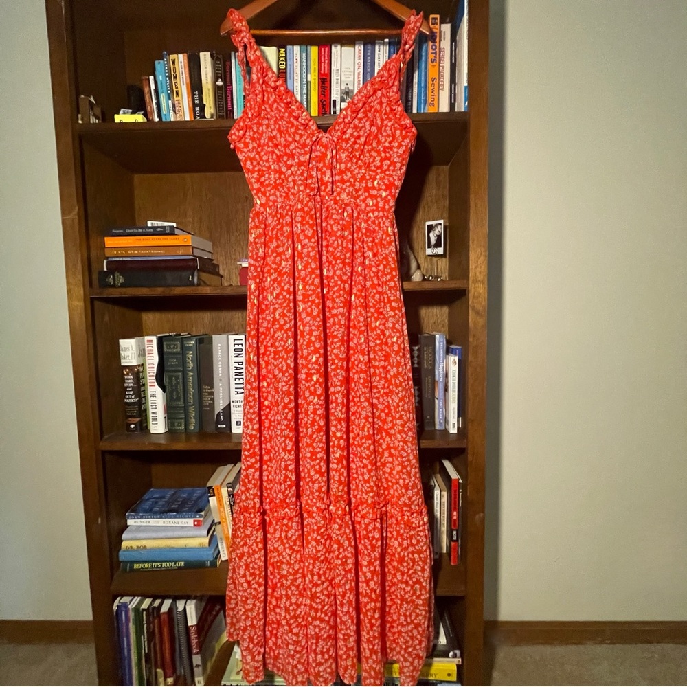 Lulus "Summer Ease Red Floral Tie-Back Chiffon Maxi Dress"